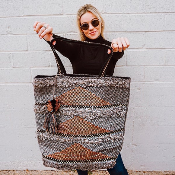 Brown & Gray Frayed Oversized Tote Shoulder Bag